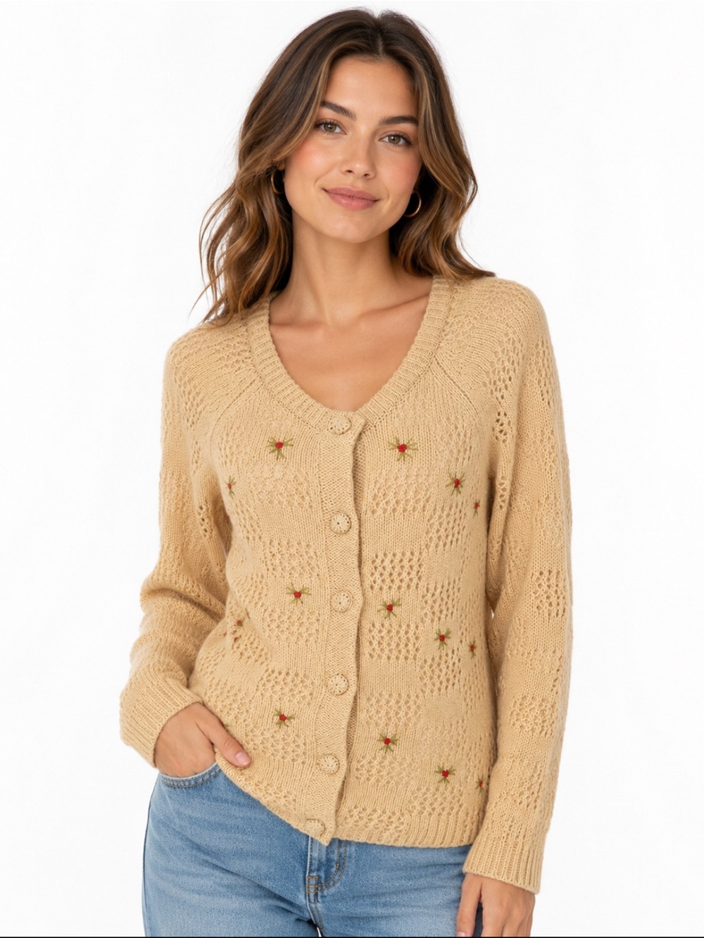 Kimchi Blue Wool Beige Embroidered Flower Button Cardigan Size Medium